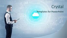  Presentation with data - Slides enhanced with network operation center - standing businessman with data background and a  colored foreground