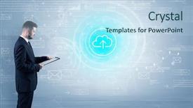  Presentation with data - Colorful presentation design enhanced with network operation center - standing businessman with data backdrop and a sky blue colored foreground