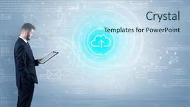  Presentation with data - Audience pleasing PPT theme consisting of network operation center - standing businessman with data backdrop and a  colored foreground