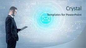  Presentation with data - Slide set featuring network operation center - standing businessman with data background and a  colored foreground