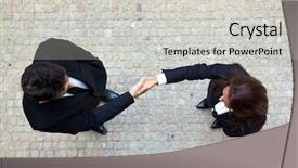  Presentation with handshake - Slide set featuring network person - business handshake between businessman background and a light gray colored foreground