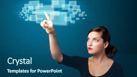  Presentation with modern tech - Cool new presentation theme with network person search - businesswoman pressing high tech type backdrop and a ocean colored foreground