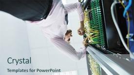  Presentation with datacenter - Beautiful slide set featuring network security lan - young handsome business man engeneer backdrop and a  colored foreground