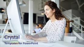  Presentation with sit stand desk - Colorful presentation design enhanced with network sites - young smiling businesswoman siting backdrop and a sky blue colored foreground