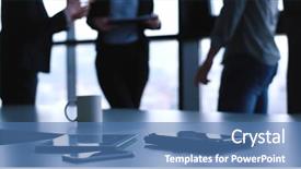  Presentation with modern building - PPT layouts with network slides - devices on table with business background and a ocean colored foreground