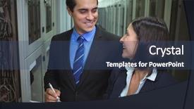  Presentation with server room - Colorful slide deck enhanced with network system engineering - technicians interacting with each other backdrop and a  colored foreground