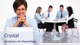  Presentation with laptop - Colorful PPT theme enhanced with network workgroup - senior business woman working backdrop and a sky blue colored foreground