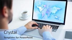  Presentation with networking - Presentation design featuring networking globe laptops - human working with laptop background and a light blue colored foreground