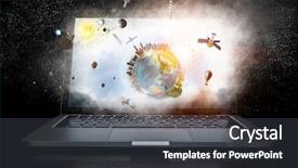  Presentation with laptop - Slide set consisting of networking globe laptops - opened laptop device background and a dark gray colored foreground