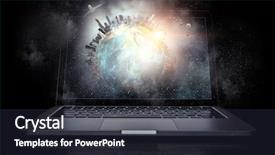  Presentation with biometric device - Cool new presentation with networking globe laptops - opened laptop device backdrop and a tawny brown colored foreground