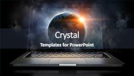  Presentation with laptop - PPT theme having networking globe laptops - opened laptop device background and a tawny brown colored foreground