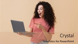  Presentation with computer - Amazing slide set having networking model - image of excited pretty young backdrop and a  colored foreground