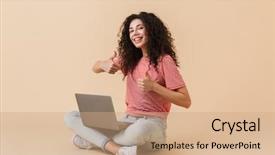  Presentation with happy image - Audience pleasing PPT theme consisting of networking model - image of happy pretty young backdrop and a coral colored foreground