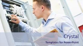  Presentation with server administrator - Beautiful PPT layouts featuring networking service network engineer administrator backdrop and a light blue colored foreground