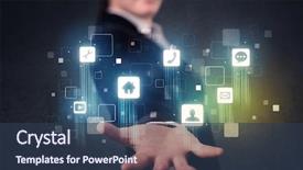  Presentation with application - Audience pleasing presentation design consisting of networking technologies - blue social application icons backdrop and a tawny brown colored foreground