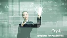  Presentation with media - PPT theme featuring networks innovation - attractive businesswoman touching icon background and a seafoam green colored foreground