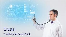  Presentation with middle ages portrait - Cool new theme with investigation online research concept - middle aged neurologist showing backdrop and a sky blue colored foreground