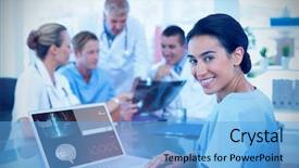  Presentation with brain cell - Cool new theme with neuron cell - beautiful smiling doctor typing backdrop and a light blue colored foreground