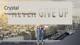  Presentation with give - Beautiful PPT layouts featuring never give up words on blank board hold by a young girl in the outdoor backdrop and a soft green colored foreground