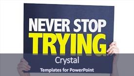  Presentation with stop - Slide deck with never stop trying card isolated background and a ocean colored foreground