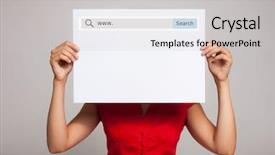  Presentation with search - Presentation design featuring new address - woman holding a blank paper background and a light gray colored foreground