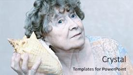  Presentation with seashell - PPT theme with new age - smiling great grandmother listening background and a sky blue colored foreground