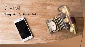  Presentation with old telephone - Slides having new and old telephone on the wooden desk background and a coral colored foreground