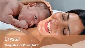  Presentation with displaying a happy mother cudd - Amazing presentation theme having new approach - happy mother lying down backdrop and a coral colored foreground