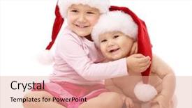  Presentation with golden christmas trumpet and red - Colorful theme enhanced with new baby celebrations - girl hugs her little brother backdrop and a coral colored foreground