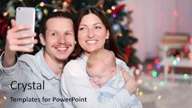  Presentation with doctor taking care of family - Slide set enhanced with new baby celebrations - happy family take selfie background and a  colored foreground