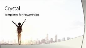  Presentation with new beginnings - Theme enhanced with new beginnings - back view of cheerful woman background and a white colored foreground