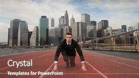  Presentation with kneeling - Amazing slides having new beginnings - businessman kneeling on a starting backdrop and a tawny brown colored foreground