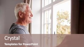  Presentation with curtains - Slides having new beginnings - senior man opening bedroom curtains background and a coral colored foreground