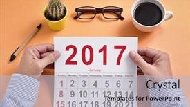  Presentation with pen laptop coffee cup clips - Slide deck consisting of new beginnings - young caucasian businessman observes background and a light gray colored foreground