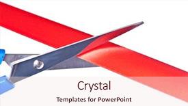  Presentation with cutting ribbon - Audience pleasing theme consisting of new business beginings - scissors cutting red ribbon isolated backdrop and a sky blue colored foreground