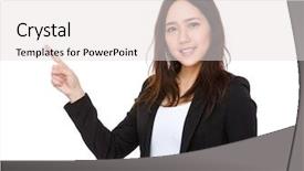  Presentation with finger point - Cool new PPT layouts with new business direction - young buisnesswoman with finger point backdrop and a light gray colored foreground