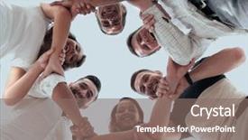  Presentation with group - Beautiful slide set featuring new business meeting - happy group of businesspeople stacking backdrop and a gray colored foreground