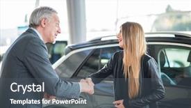  Presentation with woman hands raised to sky - PPT theme consisting of new car in a showroom background and a dark gray colored foreground