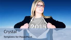  Presentation with superhero businesswoman - Theme having new career - businesswoman opening shirt in superhero background and a light blue colored foreground