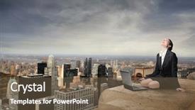  Presentation with skyscraper - Audience pleasing slide deck consisting of new career - happy businesswoman sitting backdrop and a violet colored foreground