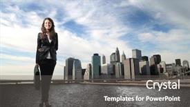  Presentation with cityscape - PPT theme consisting of new career - portrait of a businesswoman background and a gray colored foreground