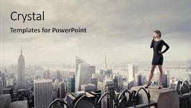  Presentation with city rooftop party - Cool new slides with new cell phone - beautiful businesswoman standing backdrop and a light gray colored foreground