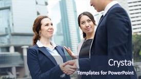  Presentation with business partner people joining hand - Cool new slides with new comer - business people hand shaking backdrop and a navy blue colored foreground