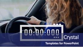  Presentation with clock - Colorful slide deck enhanced with new competencies - clock icon against woman backdrop and a navy blue colored foreground