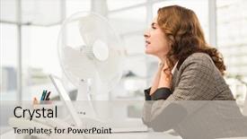  Presentation with ventilator - Beautiful theme featuring new conditions - casual businesswoman being cooled backdrop and a  colored foreground
