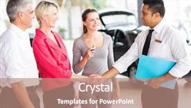  Presentation with car sales - Cool new slide deck with new customers - cheerful senior woman handshaking backdrop and a coral colored foreground