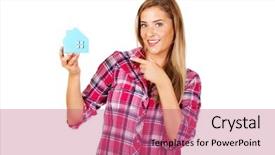  Presentation with house - Beautiful theme featuring new customers - smililing woman holding a paper backdrop and a  colored foreground