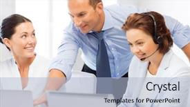  Presentation with small group working - Amazing presentation design having new employees - picture of group of people backdrop and a light blue colored foreground