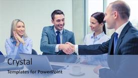  Presentation with shaking hands - Audience pleasing slide set consisting of new employee welcome - business technology and office concept backdrop and a teal colored foreground