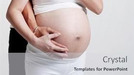  Presentation with new baby - PPT theme consisting of new father and mother with their first unborn baby standing on gray background background and a light gray colored foreground
